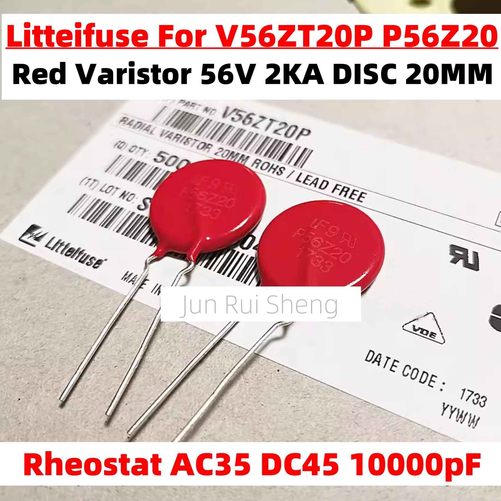 1/10/20PCS New Original Litteifuse For V56ZT20P P56Z20 Red Varistor 56V 2KA DISC 20MM Rheostat AC35 DC45 10000pF MOV V56ZT20P