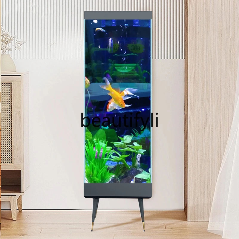 Small floor-to-ceiling tall ultra-white glass aquarium next to the goldfish tank vertical TV cabinet