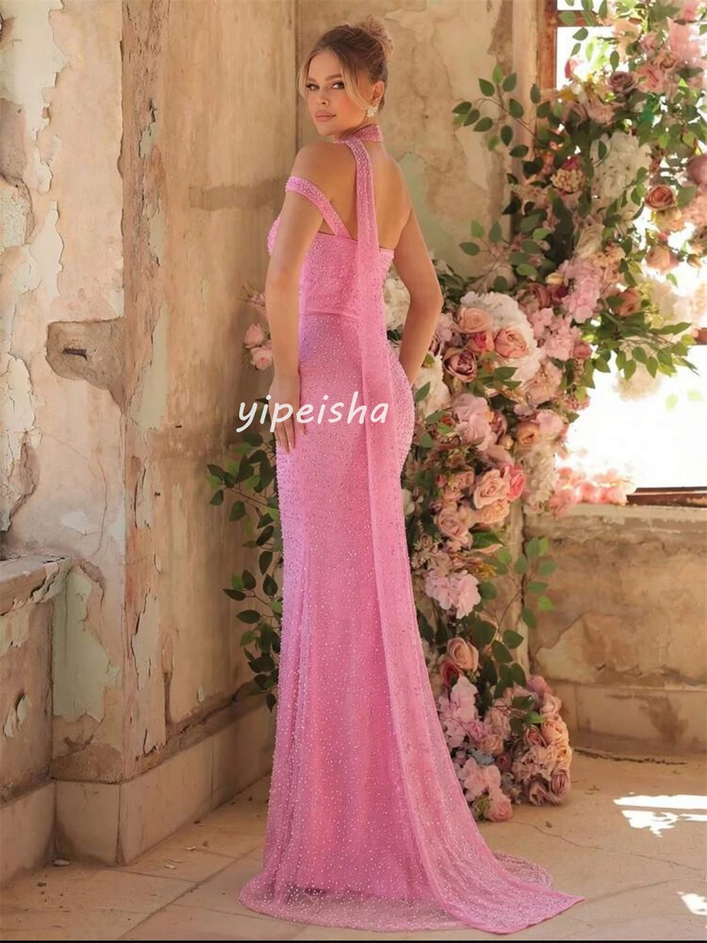 

Customized Elegant Women Tulle Beading Handmade Flower Mermaid Evening Dress Sexy Sweetheart Sleeveless Floor Lenght Party Gowns