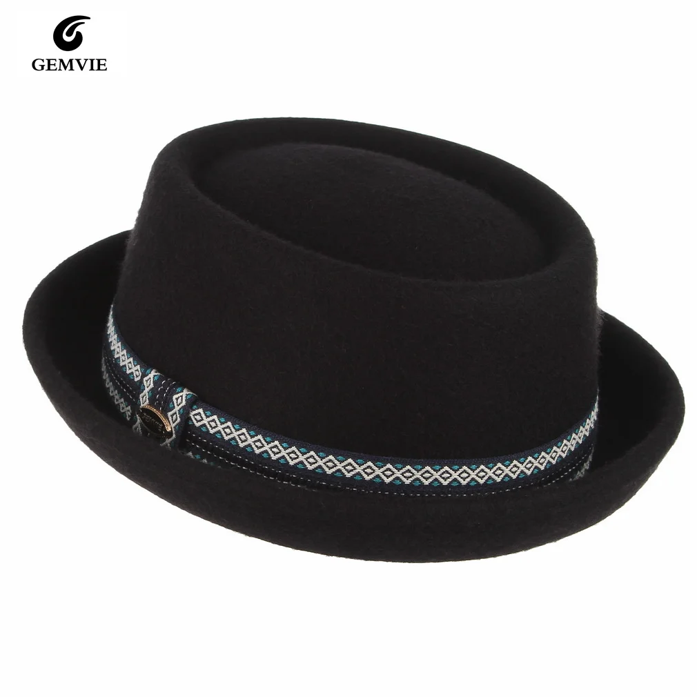 GEMVIE 100% Wool Felt Pork Pie Hat Women Men Porkpie Hat Curved Brim Pork Pie Wool Hat Unisex Autumn Winter Fedora Hat