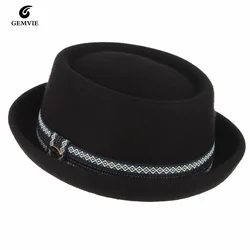 GEMVIE 100 % Wollfilz Pork Pie Hut Damen Herren Porkpie Hut gebogene Krempe Pork Pie Wollmütze Unisex Herbst Winter Fedora Hut