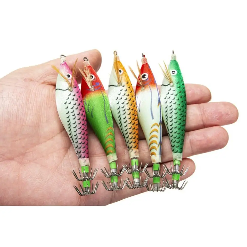 

8cm Luminous Simulation Wooden Shrimp Squid Hook With Ringing Beads Fishing Lures Luminous Wood Shrimp Artificial Bait
