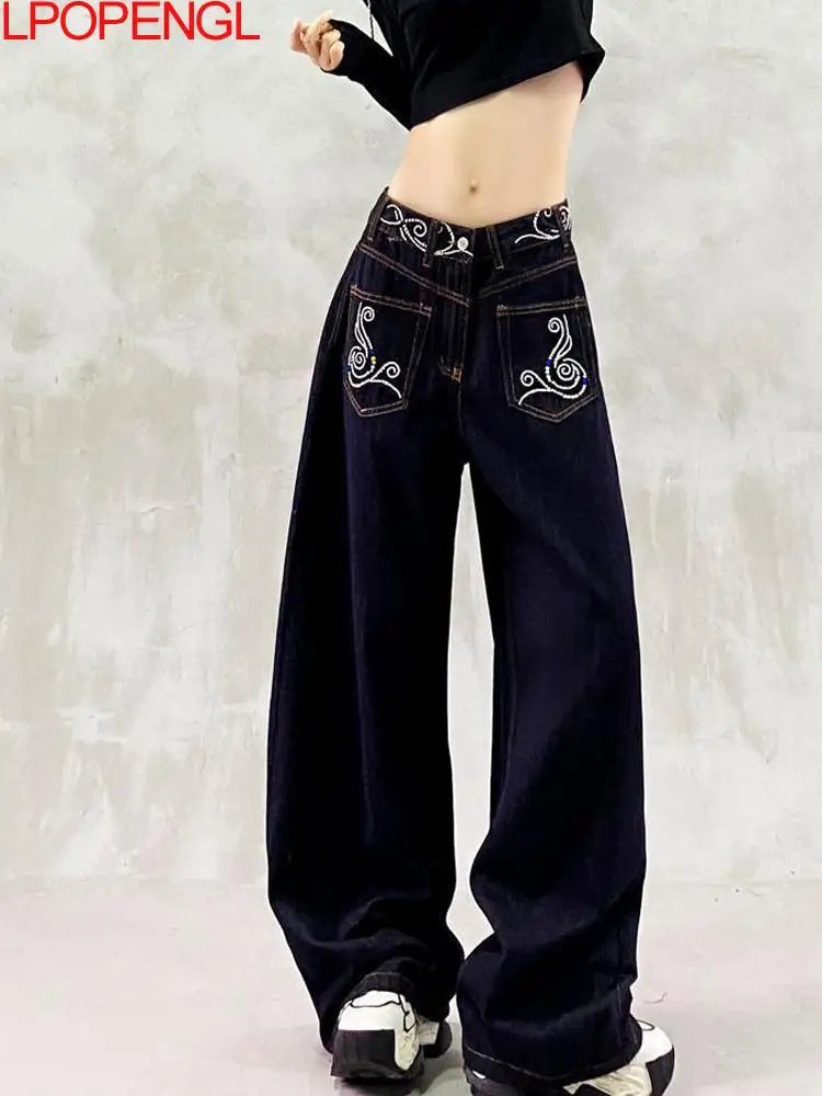 Damskie jeansy w stylu etnicznym z kieszeniami i haftem, sprane na niebiesko, nowy jesienny model, z wysokim stanem, luźne, uniwersalne, proste spodnie z szerokimi nogawkami.