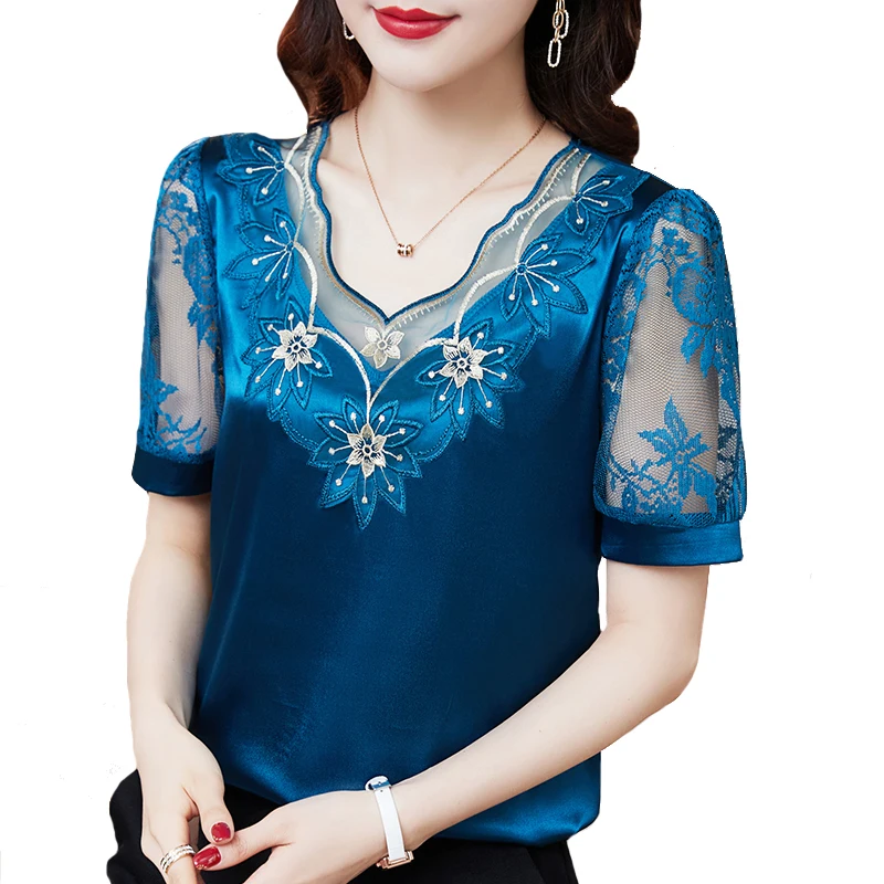 M-4XL New Fashion Women Shirt V neck Stitching Satin lace Blouse Summer Short sleeve Flower Mesh Tops blusa feminina