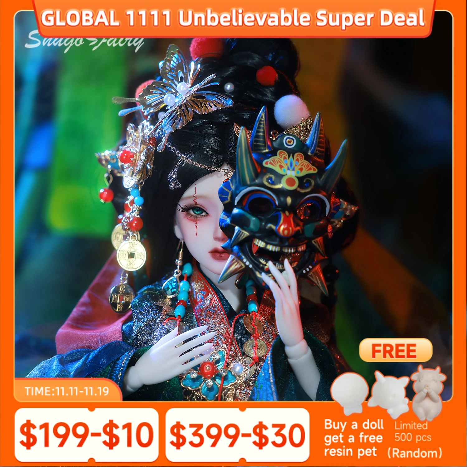 

Кукла Bjd 1/4 Apsaras B Spectre Punk Deity-Demon Core Mural Ритуальная танцовщица Смоляная маска Высокое качество Женская кукла ShugaFairy