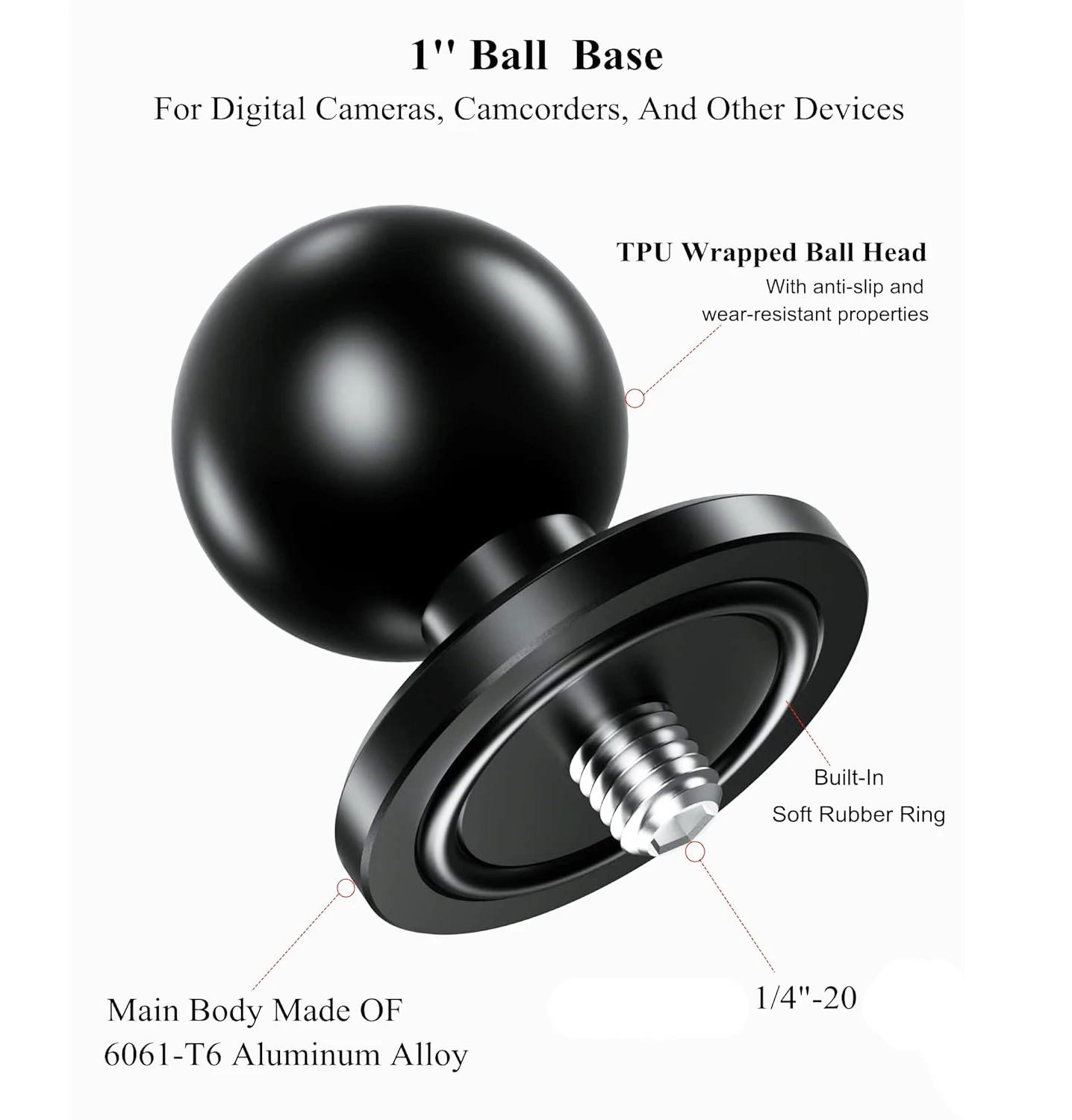 อะลูมินัมอัลลอยอะแดปเตอร์ลูกบอลขนาด1นิ้วพร้อมแกนเกลียวขนาด1/4 "-20" สำหรับกล้องแอคชั่นและกล้องวิดีโอที่รองรับการติดตั้งแรมขนาด B
