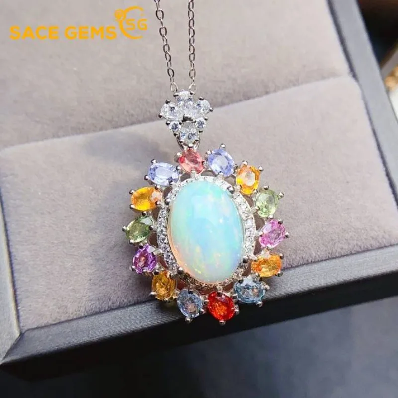 

SACE GEMS S925 Sterling Silver Certified 9*13MM Natual Opal Pendant Necklaces for Womne Engagement Cocktail Party Fine Jewelry