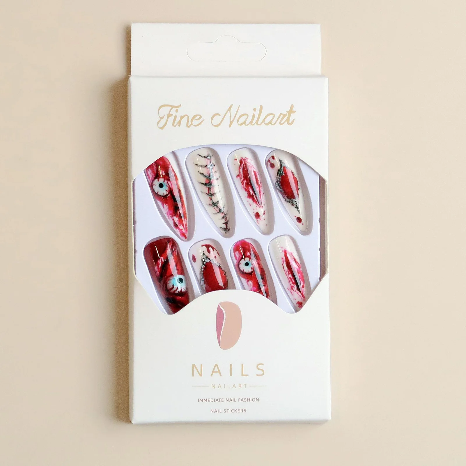 Fake Nails Easy-Apply Press On Nails for Halloween Party Horror Cosplay Red Eye Stiletto Resin Tips 24Pcs Durable Set
