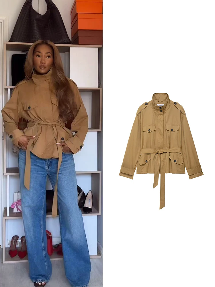 

Женский плащ с поясом, модный однобортный свободный крой с воротником-стойкой, короткое пальто, осень 202, новая женская верхняя одежда