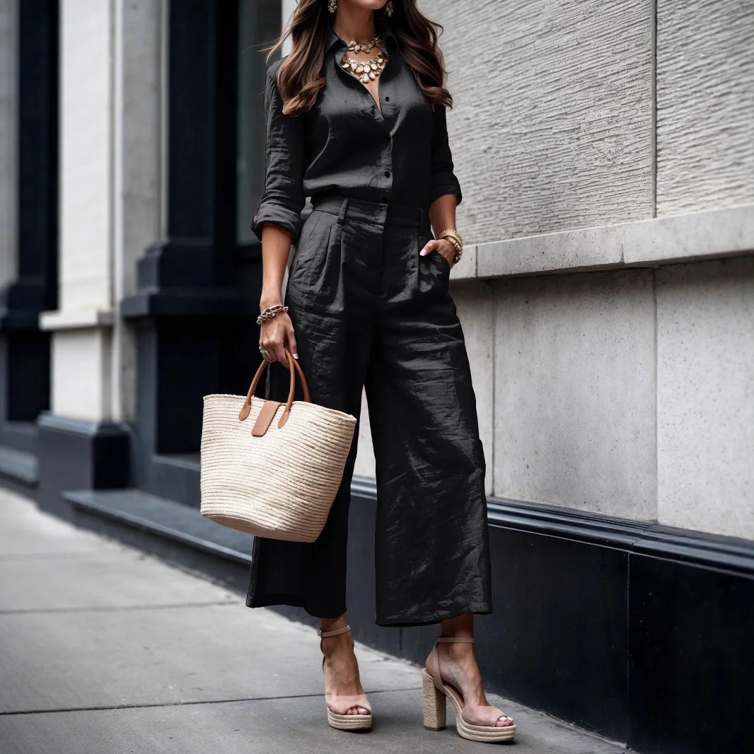 

Темпераментные женские костюмы для поездок на работу, модные однотонные рубашки с лацканами и длинными рукавами, повседневные свободные широкие брюки, комплект из двух предметов