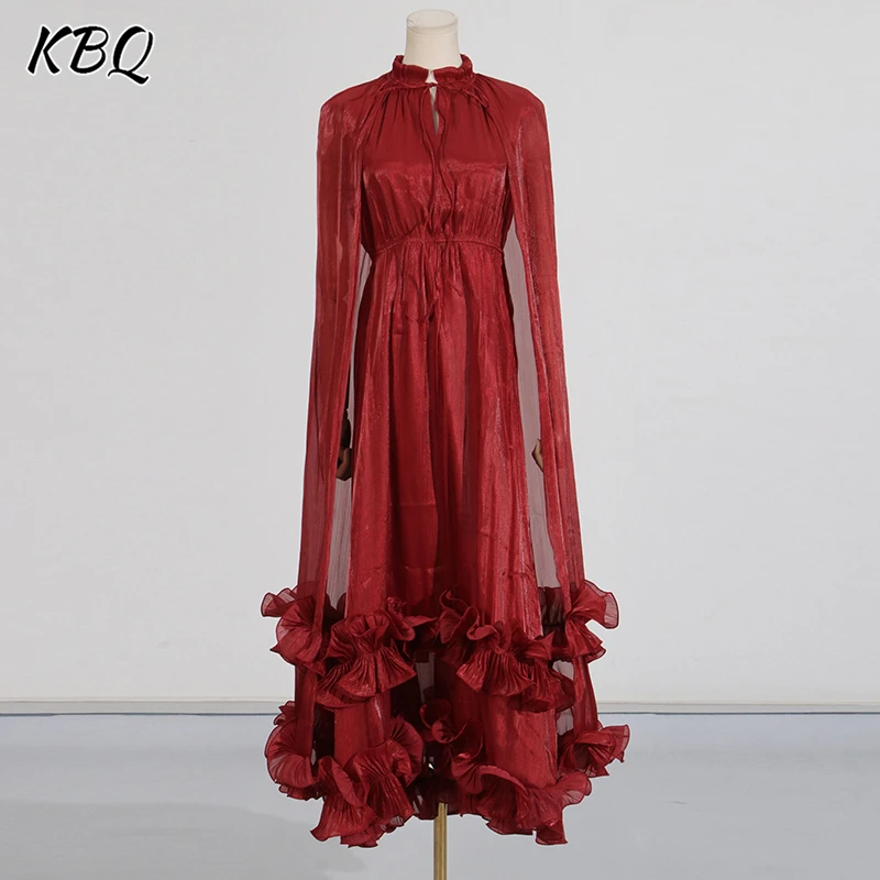 

KBQ Solid Patchwork Fungus Hem Chic Dress for Women V Neck Cloak Sleeve High Waist Spliced Lace Up Chic Dresses Female Fashion