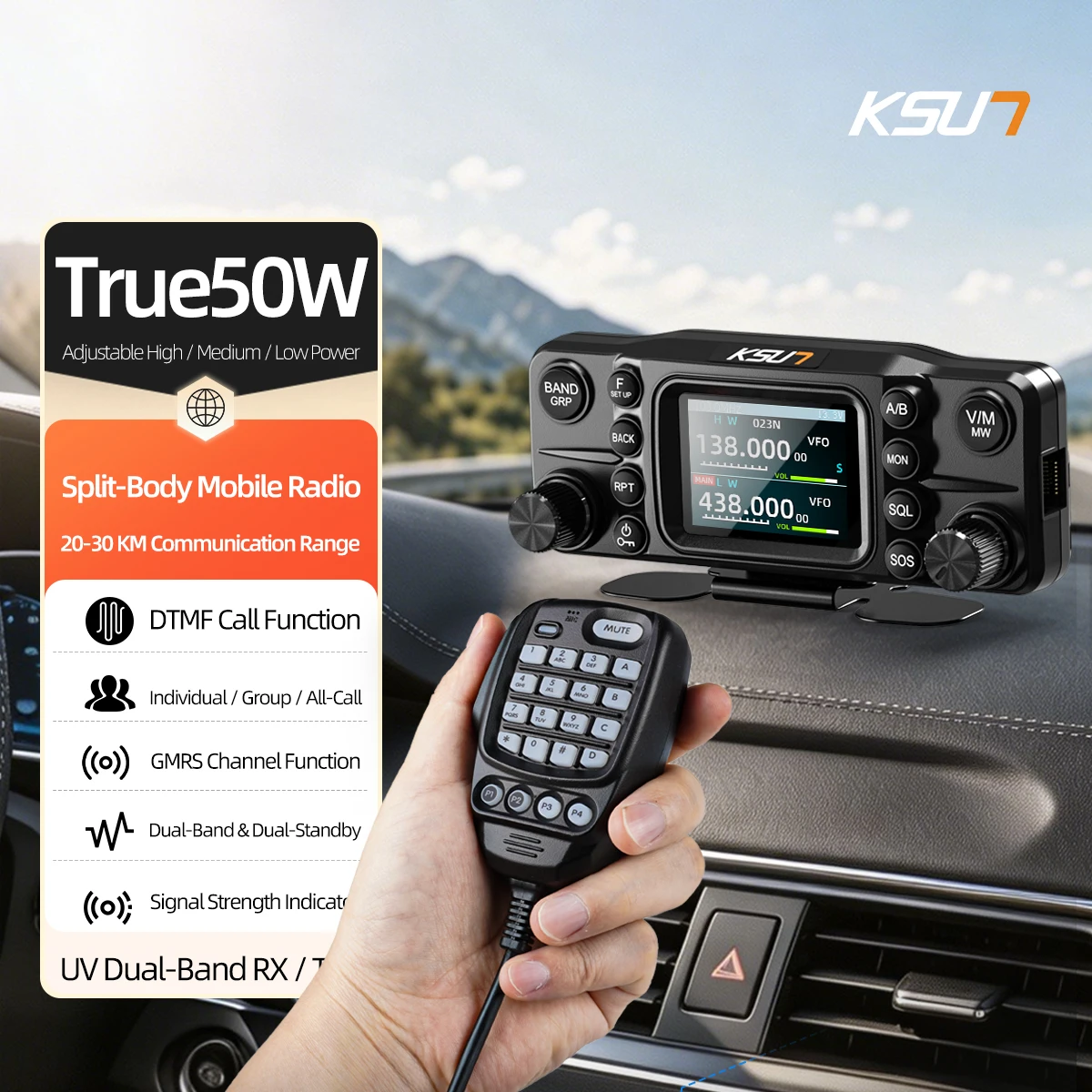 UV5800D Mobile Radio 50W VHF/UHF Dual Band Remote Head Detachable Panel 2.0 Inch TFT Display Signal Strength GMRS