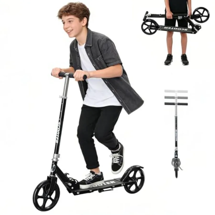 

Folding Kick Scooter for 6+ Teens Adults up to 250Lbs 3 Adjustable Heights Rear Brake Wide Antislip Deck Lightweight Design Bla