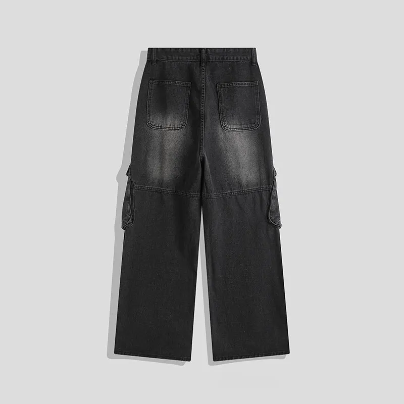 Spring Autumn New Fashion Men's Vintage Multi Pocket Washed Loose Wide Leg Straight Black Casual Trendy Jean Trousers Male Pants