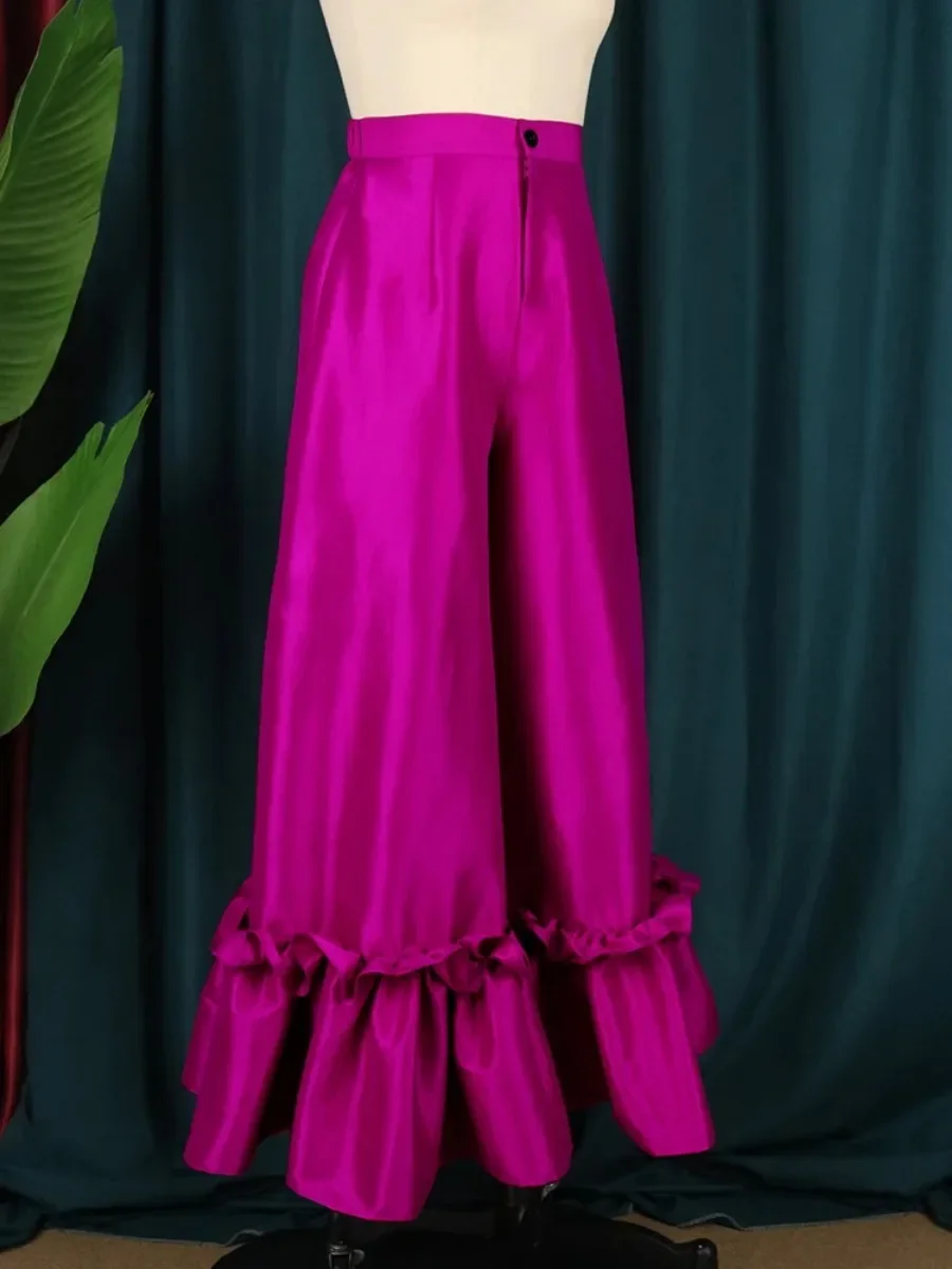 Fuchsia-Hose mit hoher Taille, glänzend, ausgestellt, plissiert, weites Bein, trendige lange Caprihose, Damen-Cocktail-Party-Hose mit Besatz, große Größe