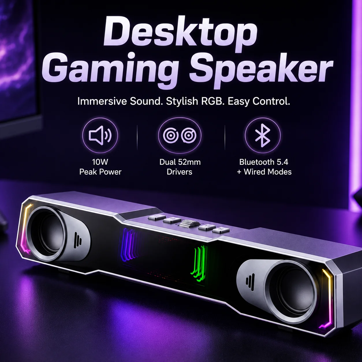 Rgb Computer Soundbar For Pc - Desktop-Gaming-Lautsprecher Bluetooth 5.4, RGB-Stereo-PC-Soundbar mit USB-C-