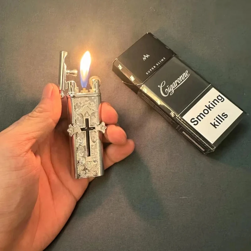 

High-end Handmade Retro Cross Inflatable Lighter Portable Metal Grinding Wheel Open Flame Lighter Fashionable Men's Smoking Gift