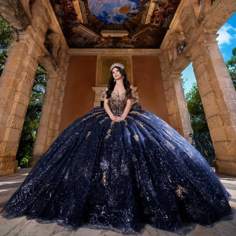 

Shiny Dark Blue Quinceanera Dresses Off the Shoulder Glitter Crystal Decal Layering Long tail Vestido 15 Quinceanera Customized