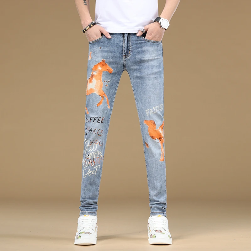 Heren Denim Broek Mode Fashion Printing 2024 Nieuwe Lente En Zomer Ademende Comfortabele Stretch Slim Fit Skinny Jeans