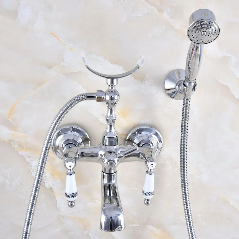 Chrome Brass Double Handle Wall Mounted Bathroom Tub Faucet Set with 150CM Hand Held Shower Spray Mixer Tap 2na708