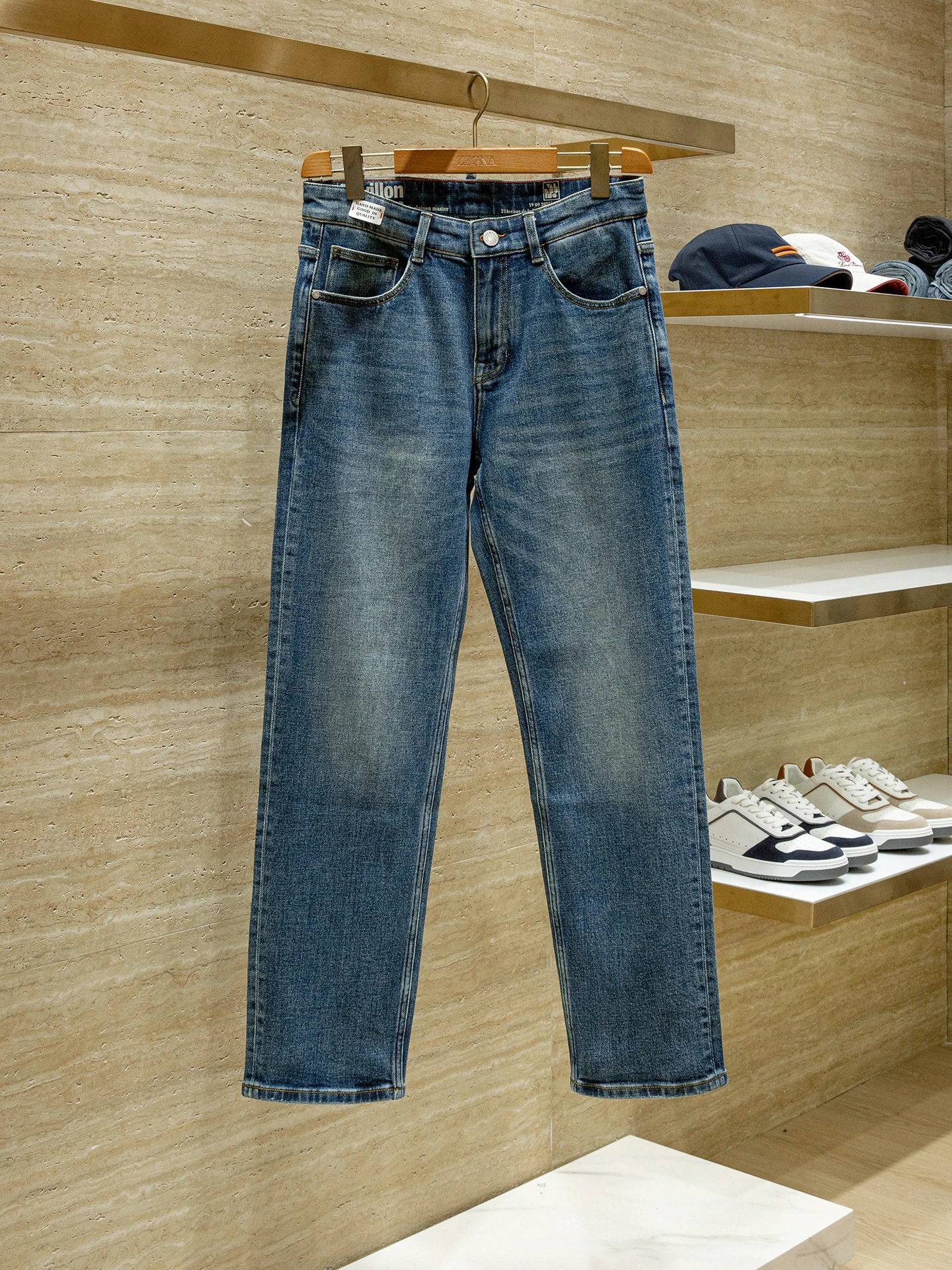 

Retro Blue Wash 14oz Stretch Cotton Men's Loose Straight Jeans