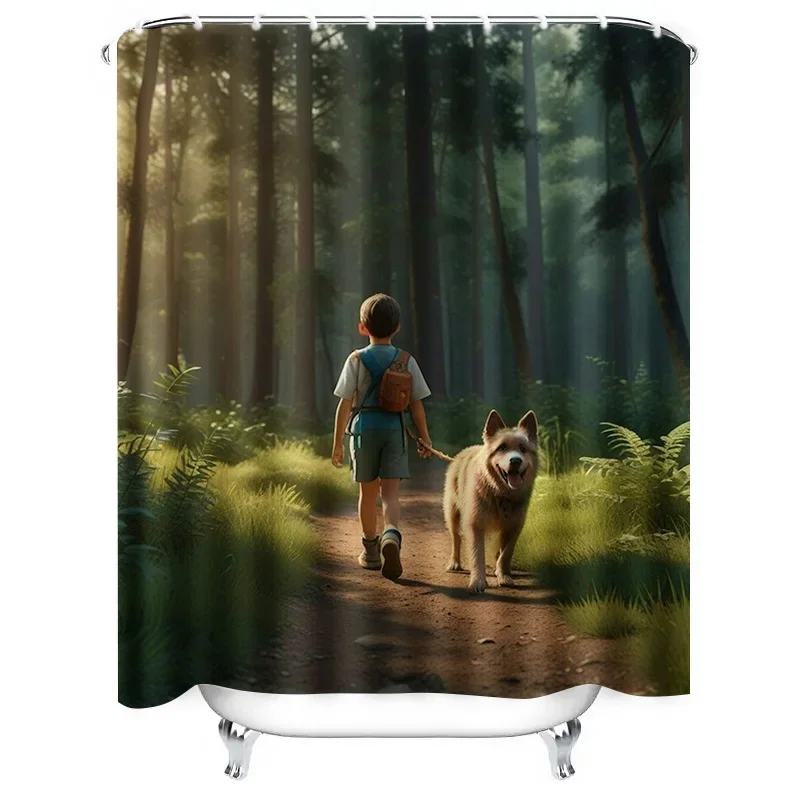 

Водонепроницаемая занавеска для душа «Мальчик-собак в лесу», идеально подходит для любой ванной комнаты, яркий и уникальный дизайн, современный ArtworXT6@!