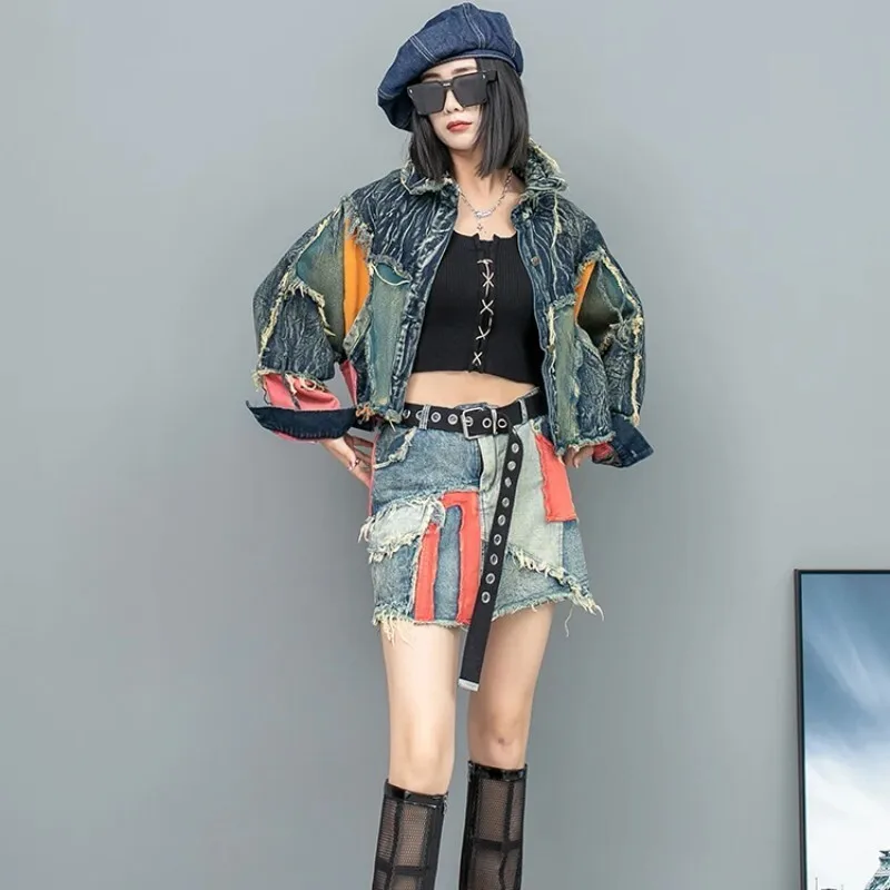 

2024 Summer New Personalized Multiple Contrasting Color Denim Long Sleeved Jacket + Short Skirt Two Piece Set Women LX079