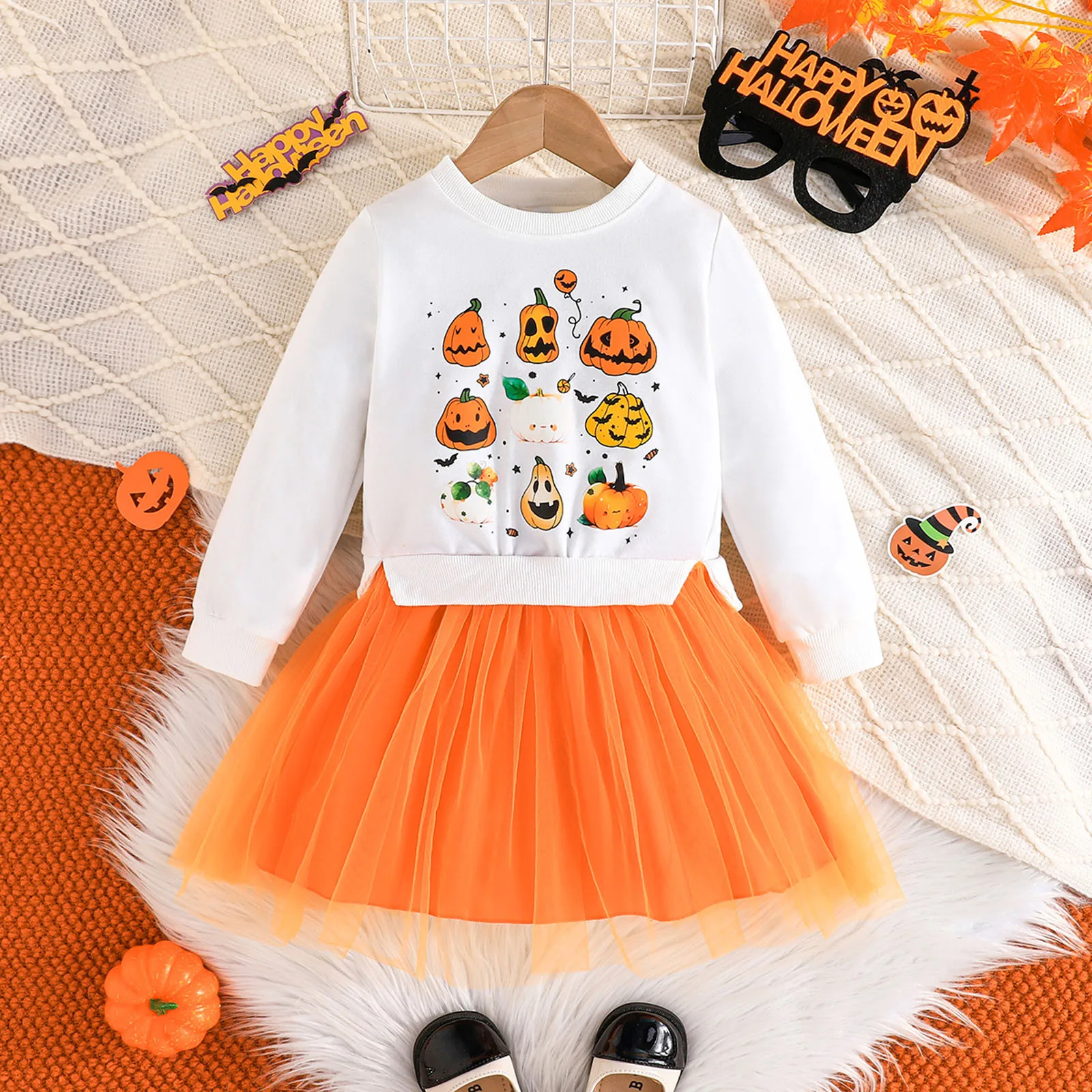 

Sweet Girl's Halloween Cartoon Pumpkin Print Long Sleeved Top Bow Mesh Skirt Two Piece Dress Set Girls Chambray And Tulle Dress