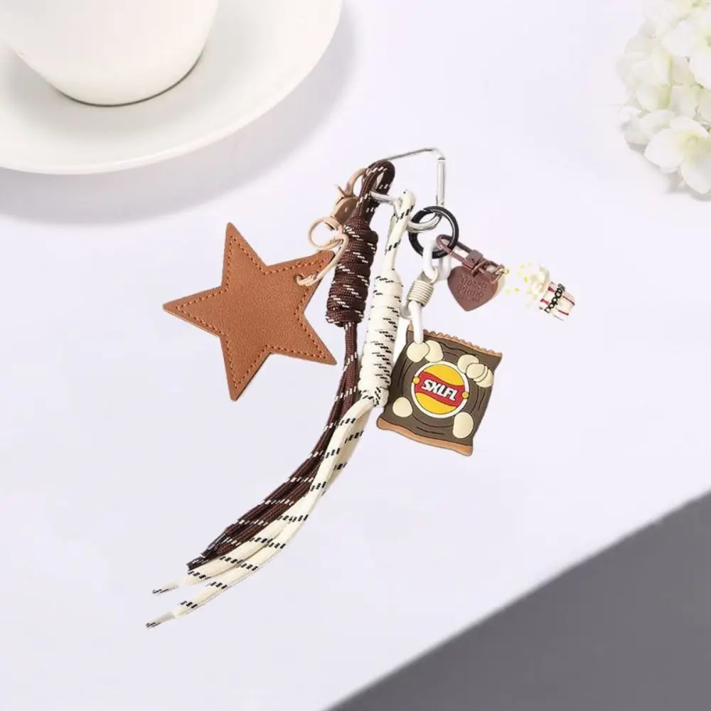 الفشار رقائق البطاطس نجمة على شكل المفاتيح المنسوجة يدويا حبل مضفر حقيبة قلادة Y2K Ins الجلود ستار كيرينغ