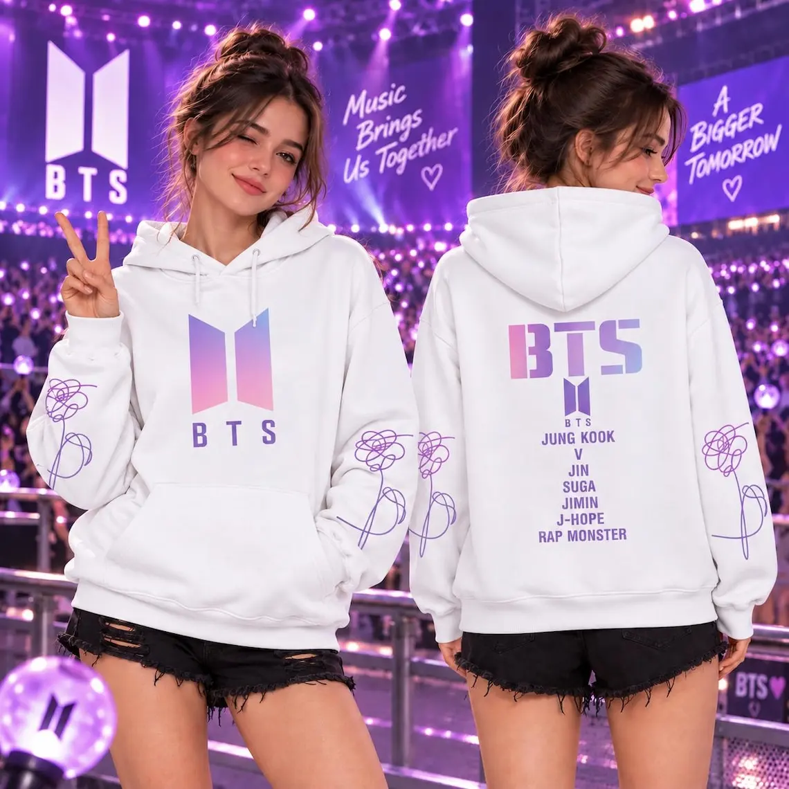 BTS Double Sided Men's and Women's Hoodie Gradient Logo Member Names Floral Sleeve Print Kpop Fans Casual Pullover Sweatshirt