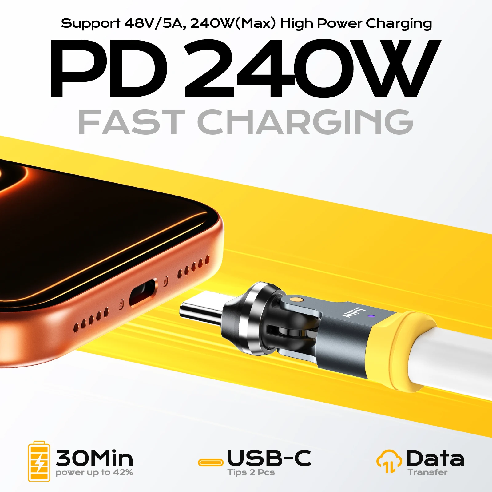 AUFU 540 Degree USB C Adapter 240W PD Fast Charging Cable Adapter Type C Male To Female Converter For Samsung S22 Xiaomi Laptop
