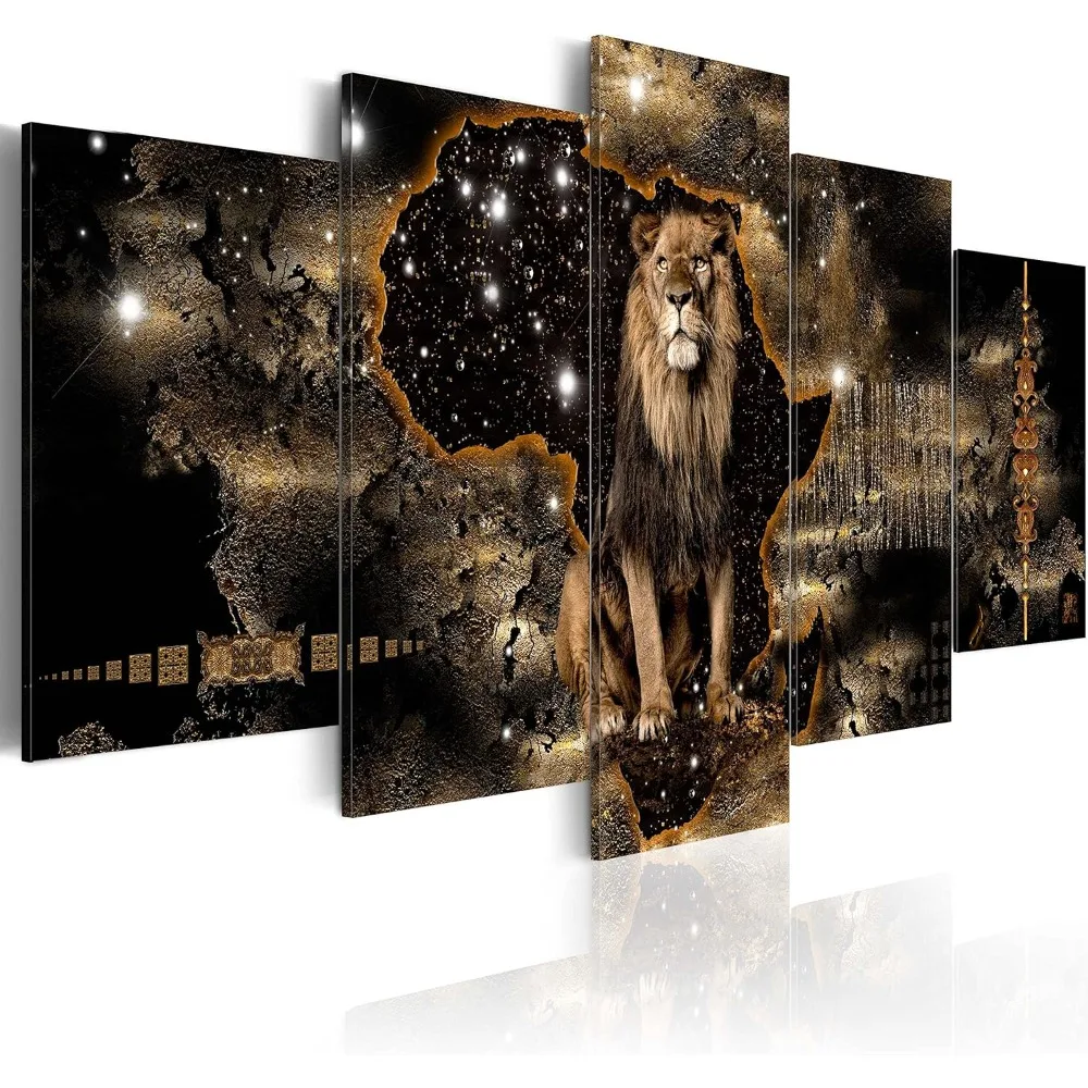 Acoustic Canvas Wall Art Africa 80x40 in - 5pcs Picture with Acoustic Foam Sound Print Artwork Room Acoustics Soundproofing Lion