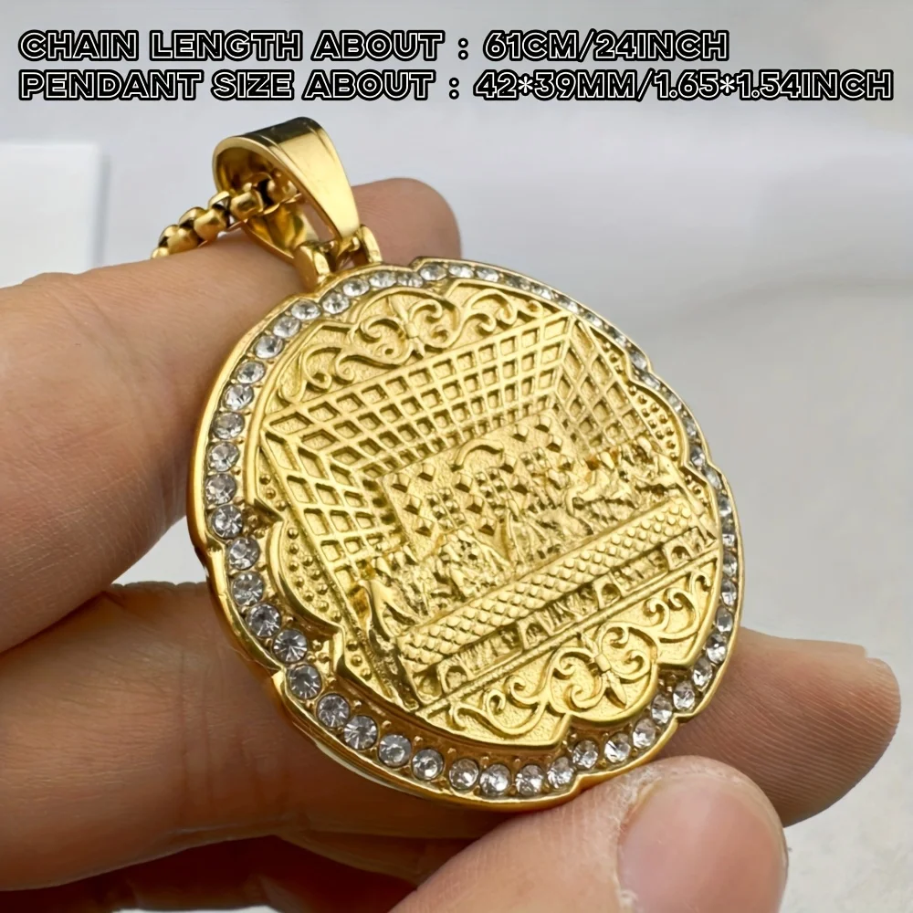 GREPPN Last Supper Pendant Necklace For Men 316L Stainless Steel Golden Vintage Pattern Rhinestone Religious Jewelry