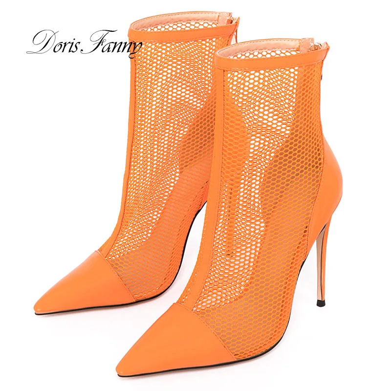 

Doris Fanny Summer Mesh Ankle Boots Orange White Pointed Toe Thin High Heels Woman Black Mesh Short Boots Woman