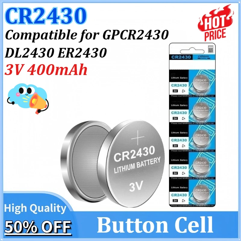 

5-100CS CR2430 3V 400mAh Lithium Battery CR 2430 DL2430 BR2430 Button Coin Battery for Key Fob Watch Alarm Clock Remote Control