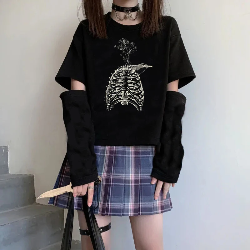 T-shirt da donna con stampa grafica teschio, magliette estetiche casual larghe, punk Harajuku vintage americano, top sexy, grunge anni '90, moda