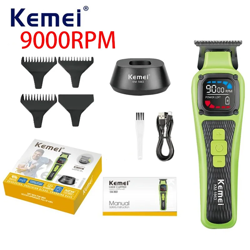 

Беспроводная перезаряжаемая машинка для стрижки волос Kemei для мужчин, профессиональный триммер для барберов, 9000 об/мин, с нулевым зазором