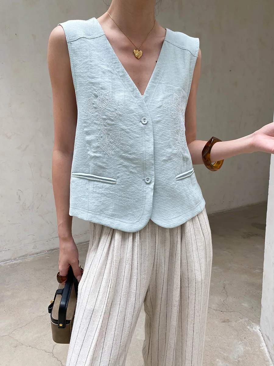 Sommerliche Damen-Weste, einfarbig, modisch, mit Stickerei, V-Ausschnitt, ärmellos, elegant – Detail 33