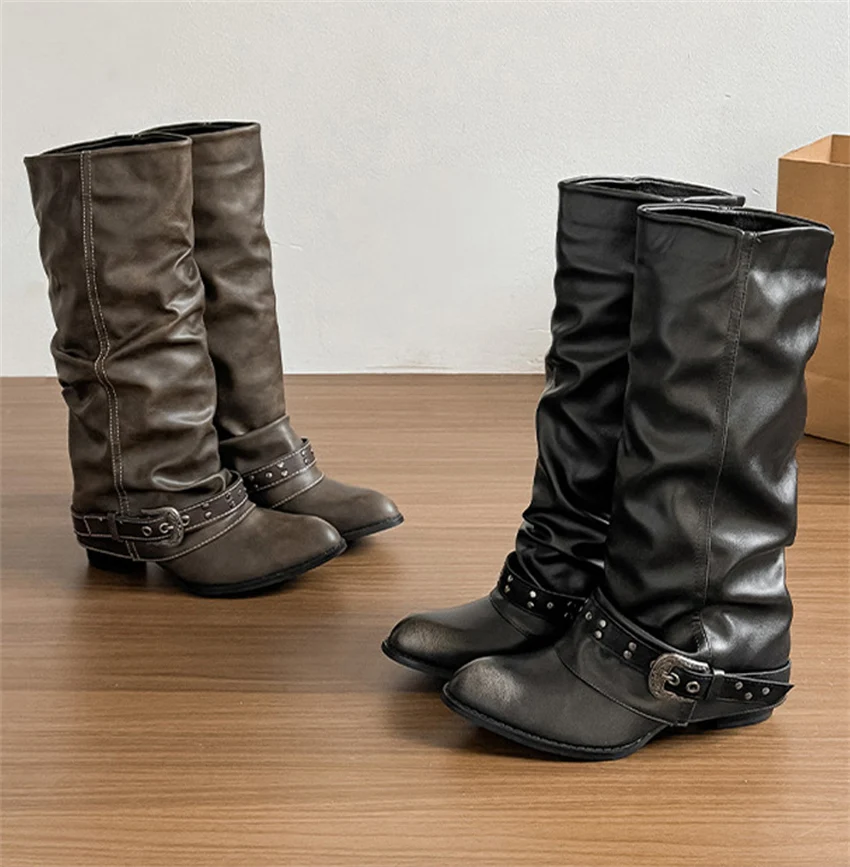 Punk-Style Belt Buckle Mid-Calf Boots for Women Square Heel Motorcycle Boots Pu Leather Pleated Boots Street Retro Riding Boots