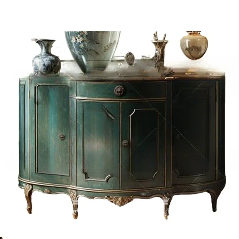 

French retro solid wood carving flower entrance cabinet retro green old decorative cabinet locker display cabinet