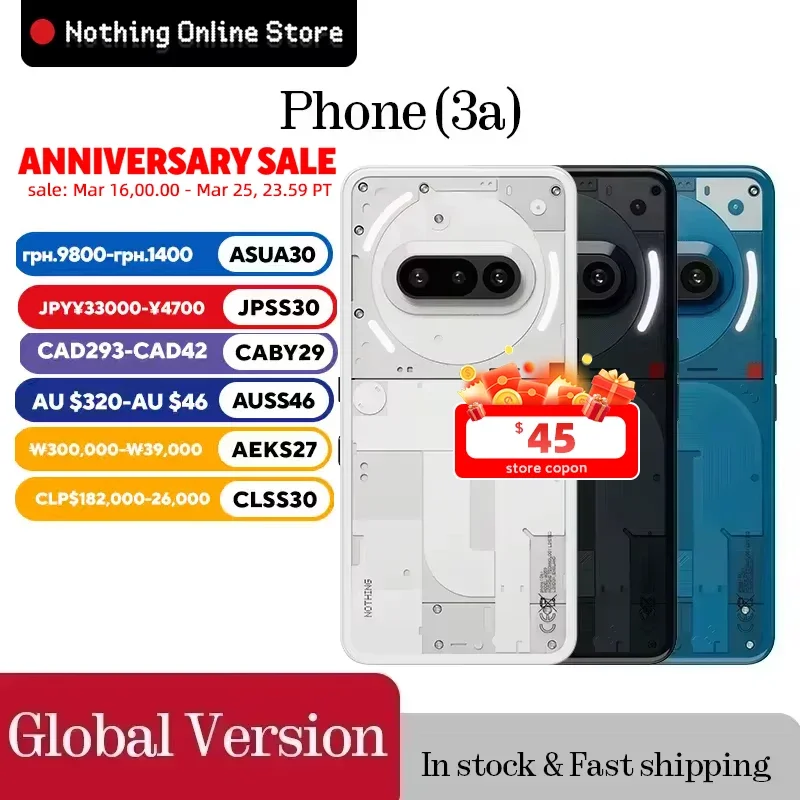 Глобальная версия Nothing Phone (3a) 6,77 дюйма Гибкий AMOLED Snapdragon 7s Gen 3 5G 5000 мАч 50 Вт Зарядка 12 ГБ + 256 ГБ