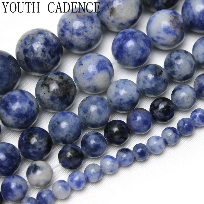 Natural Stone  Blue Spot White Beads Smooth Round Spacer Loose Beads For Jewelry Making DIY Charm Bracelets Necklace Accessories