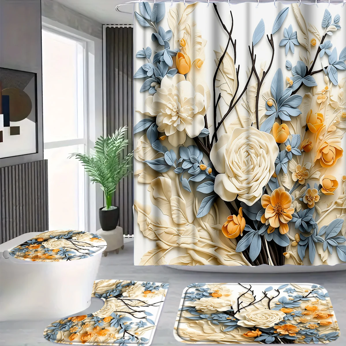 

4Pcs 3D Floral Shower Curtain Set with Hooks, Blue and Orange Peony Print Waterproof Mildew Resistant Fabric Bath Mat for Family Bathroom Home Decor