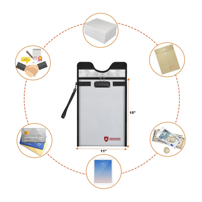 Fireproof Waterproof Document Bag With Zipper Combination Lock Anti-Theft Faraday Protection For Passport Money Electronics