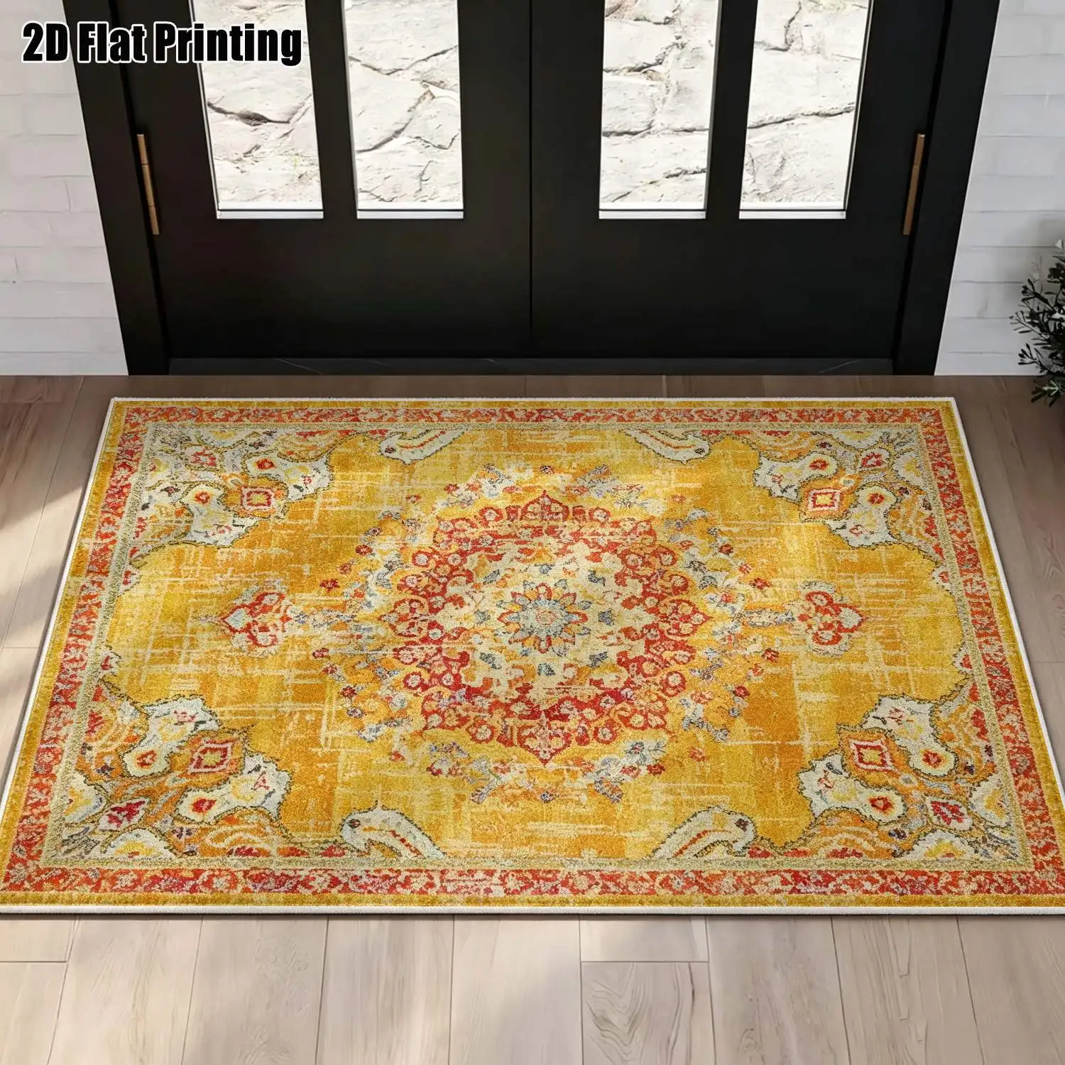 1Pc 2D Printed Retro Yellow Red Floral Velvet Carpet: European Boho Geometric, Multi-Size Machine Washable, for Home Decor, Entrance/Dining/Bedroom/Living Room