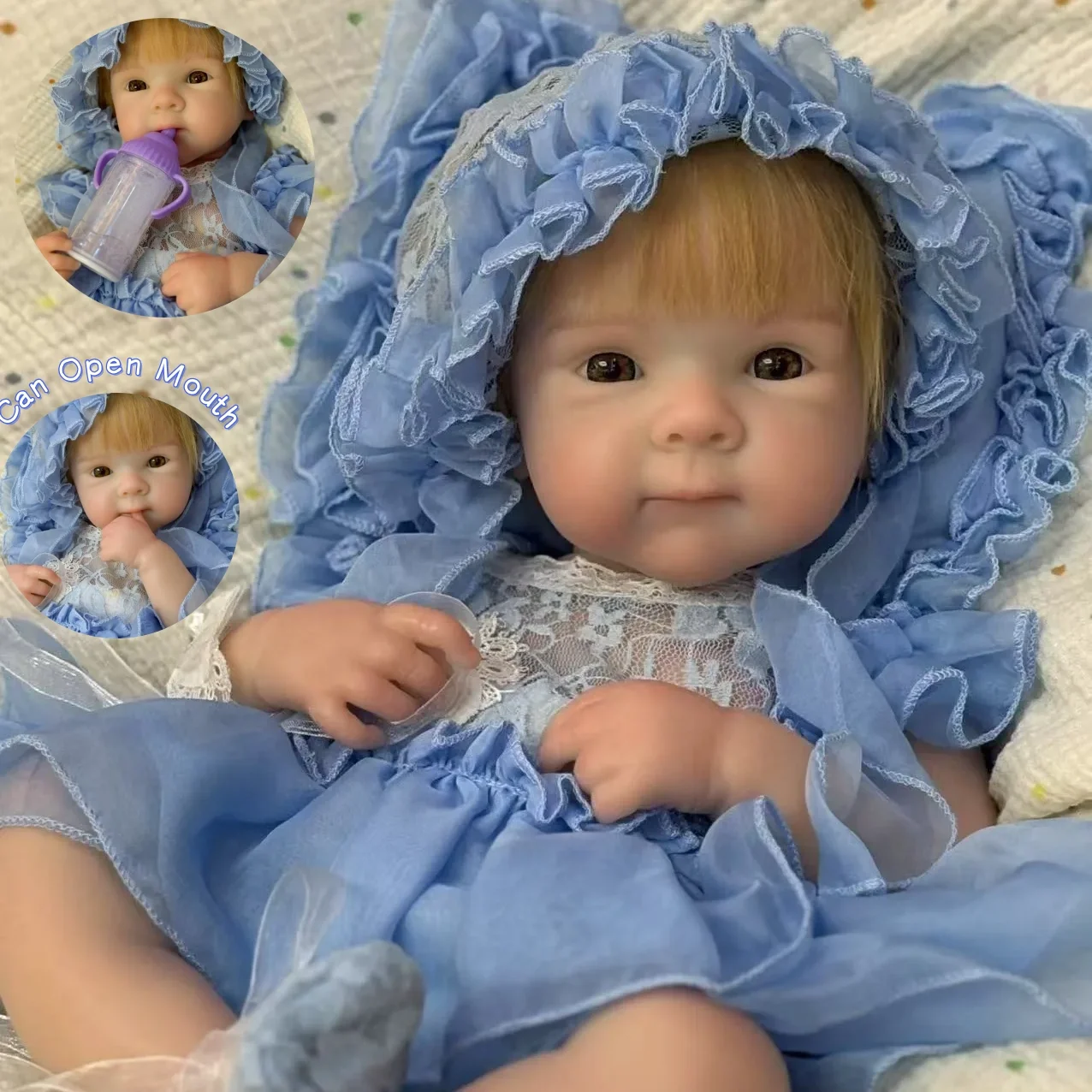 18 Inch Reborn Baby Doll Lifelike Full Body Silicone Girl Open Mouth Bettie 3D Painted Soft Touch Newborn Art Collectible Gift