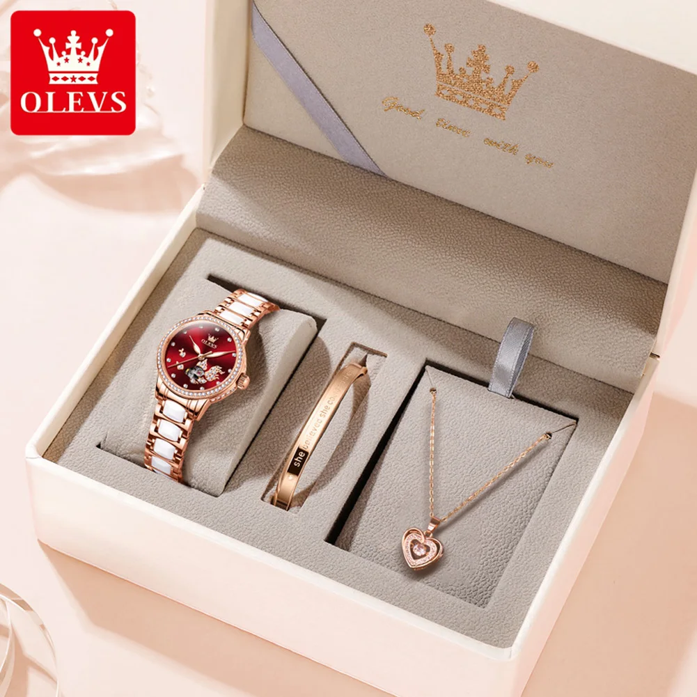 OLEVS  Watch for Women Automatic Mechanical Stainless Steel Ceramic Watchband Ladies Wrist Watch Diamond Skeleton Dress Watch