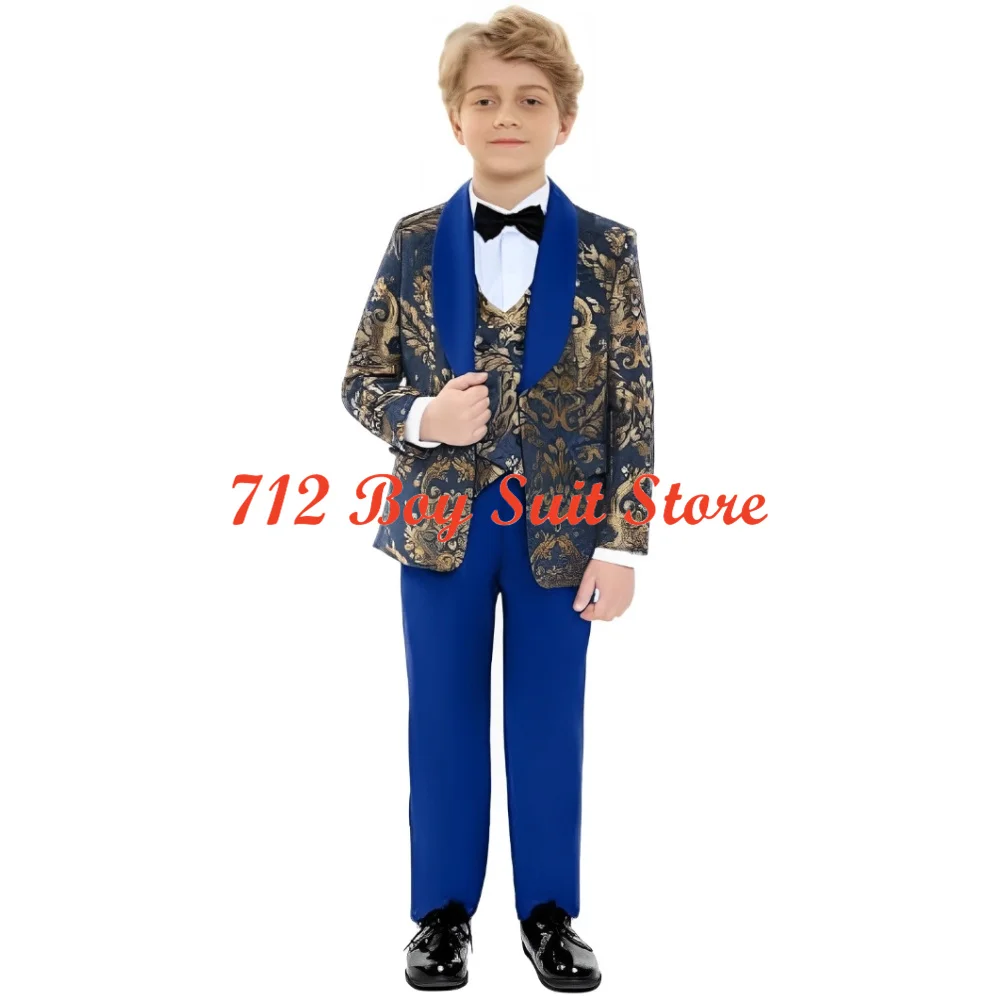 Traje Jacquard dorado para niños, conjunto de 3 piezas para boda, chaqueta ajustada, pantalones, chaleco, esmoquin, trajes formales