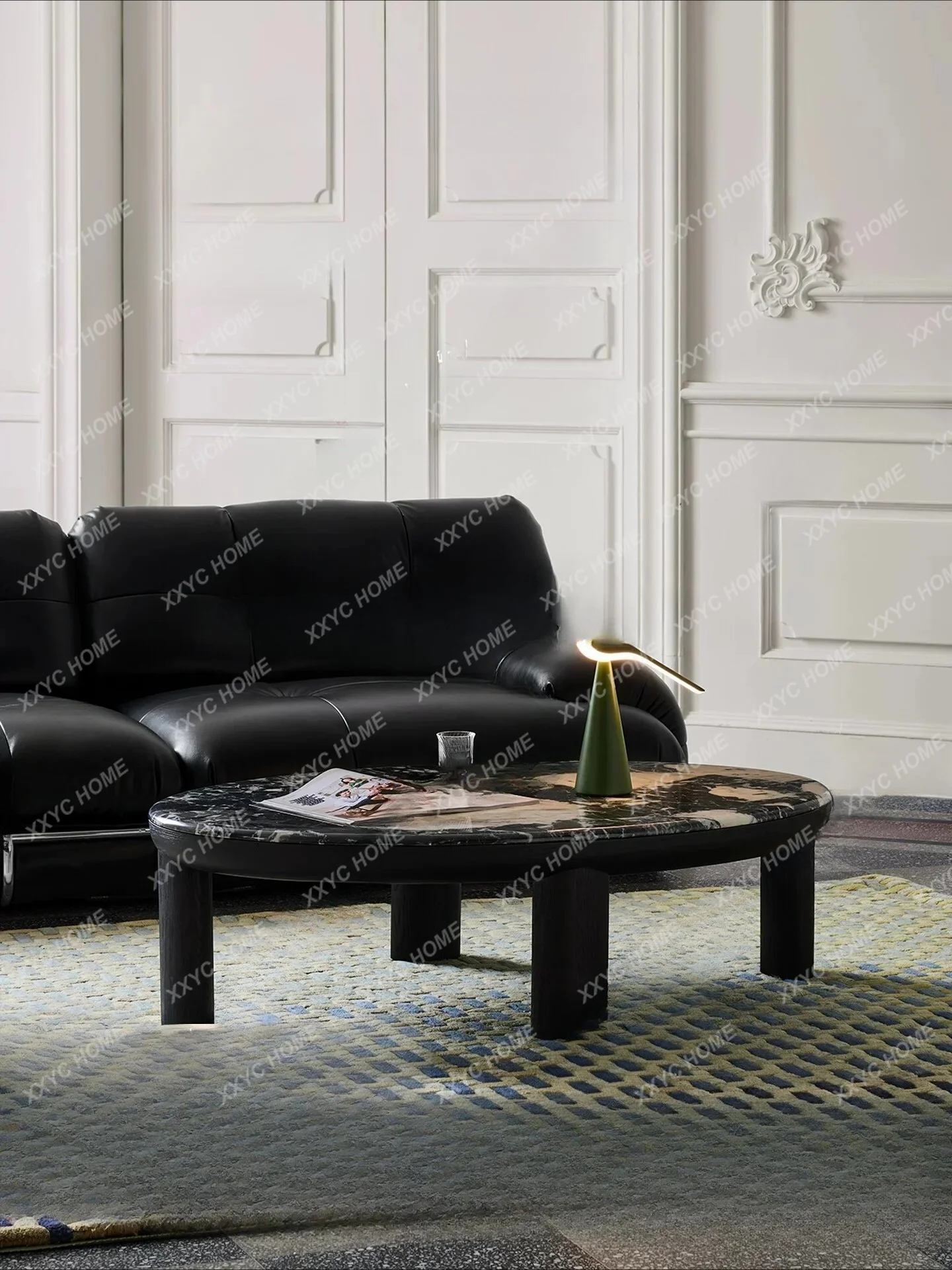 Retro marble living room black solid wood round coffee table