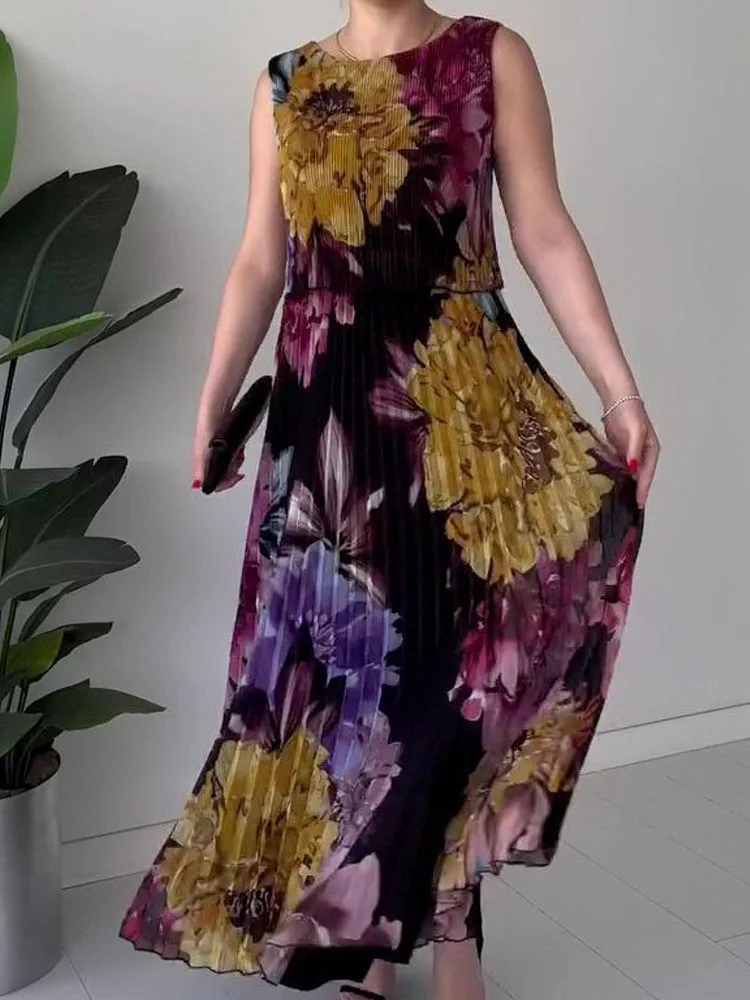 เดรสยาวพิมพ์ลายดอกไม้สุดหรู ปี 2025 แฟชั่นผู้หญิง คอทรงโอ จับจีบ ชุดเดรสสำหรับงานปาร์ตี้ สไตล์ลำลอง เอวสูง ทรงหลวม สไตล์โบฮีเมียน